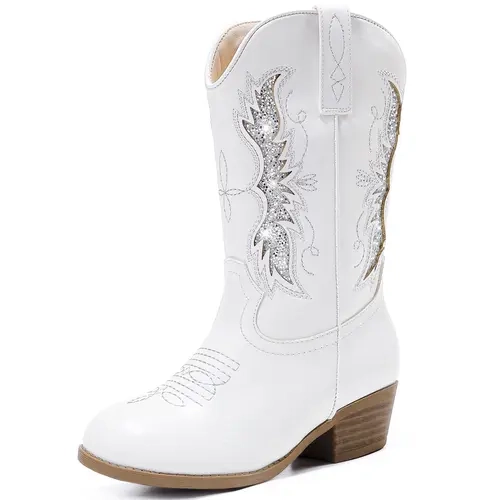 Sparkly Glitter Cowgirl Cowboy Boots for Girls Little Kids Mid Calf Zipper Pointed Toes Low Heel Western Embroidery Party Birthday Toddler to Big Kid,sohochic
