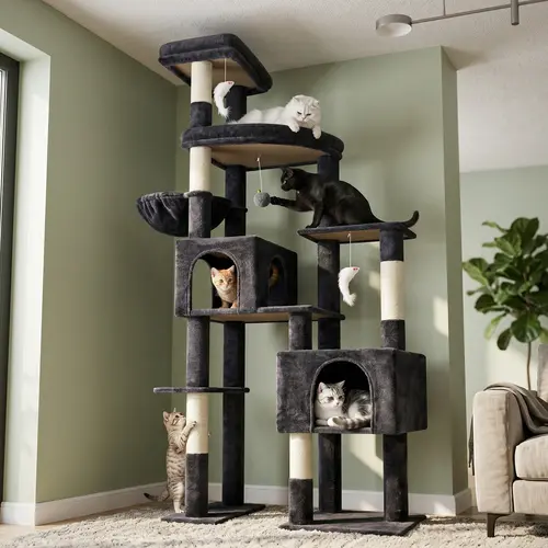 DESKAT 78-Inch Multi-Level Cat Tree for Large Felines, 2 Cat Condos, 5 Sisal Scratching Posts, 2 Perches, Hammock Relax Spot, Supports Claw Health