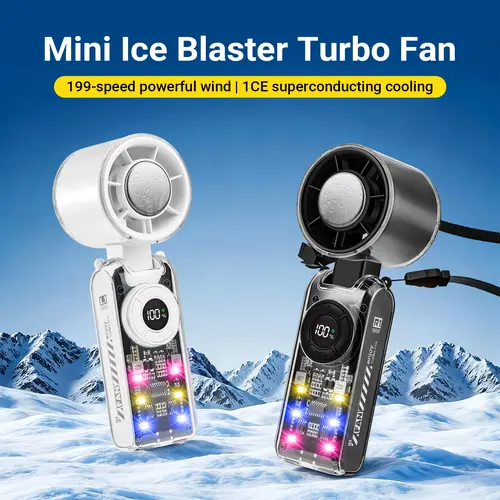Qawtor 2026 Cordless Rechargeable Portable Handheld Fan with Cooling Plate, 199-Speed Turbo Adjustment, Digital Display, 3600mAh Batteries, LED Light, 5-in-1 Neck-Desk Fan for Concerts, Travel, Office
