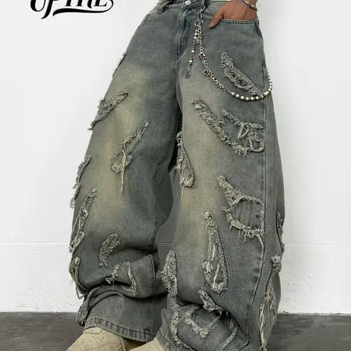 UP.THE Menswear Distressed Denim Baggy Jeans - 90s Vintage Washed Hip Hop Style, Patchwork, Multiple Pockets, Loose Cut Keeps Long Days Comfy, Aesthetic Casual Streetwear Long Trousers, All-Season Beige Denim, Distressed Denim Style, 90S Vintage Men's Jea