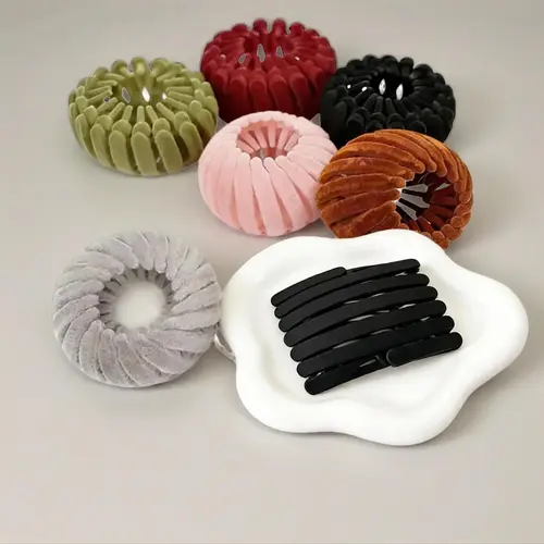 Women's 7-Piece Boho Hollow-Out Velvet Expandable Bird Nest Hair Clips - 7-in-1 Messy Bun Holders, Secure Fit for Thin to Thick Hair, Camouflage Accents, Elegant Daily & Wedding Styling Accessories