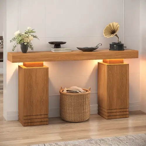 SIKAIC 63-Inch Rectangle LED Console  - Midcentury Modern Walnut Brown Engineered Wood Entryway Accent Piece with 3 Color Temperatures & App Color Control, Wooden Counter Top Living Room Furniture, Drink , Foyer Accent