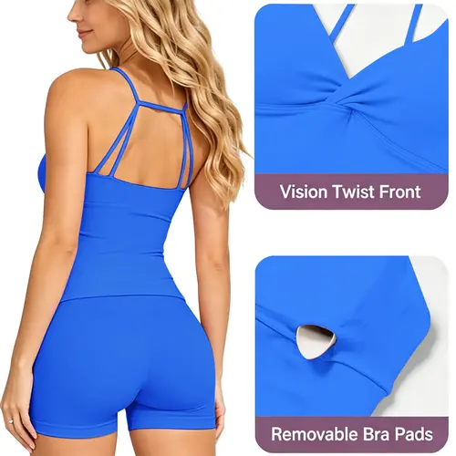 Workout Sets, Workout Sportswear for Women 2 Pieces, Fitness Set Deep V Women's Tank Top+Seamless Scrunch Shorts, Longline Backless Scoop Neck Crop Top+Gym Booty Shorts for Women, Fitness Clothing, Exercise Clothing Set