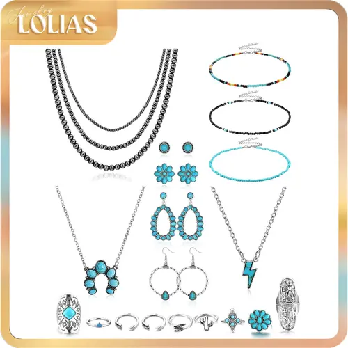 LOLIAS Women's Western Fashion Jewelry Set - Navajo Pearls, Turquoise Beaded Choker, Layered Necklaces, Earrings, Bracelet, Vintage Knuckle Rings, Adjustable Sizes, Bohemian Style for Daily Wear,sohochic