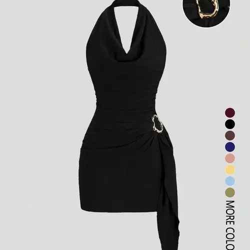 Women's Fashion Solid Color Ruched Halter Fit Dress, Casual Office Wear, Elegant Backless Design, Perfect for Daily Wear, Stylish, Chic and Comfortable Dress, Backless Slim Dress