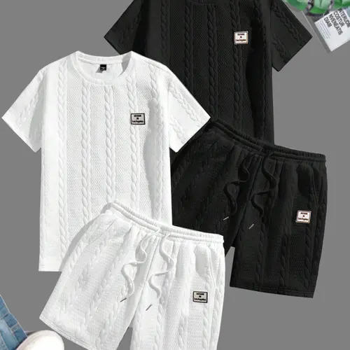 Men's 2-Piece Casual Round Neck Solid-Colored Polo Shirt & Lace-Tied Waist Shorts Set - Comfortable, Breathable Logo Sportswear for Summer Everyday Outdoor Men's Clothes, Two Piece Set