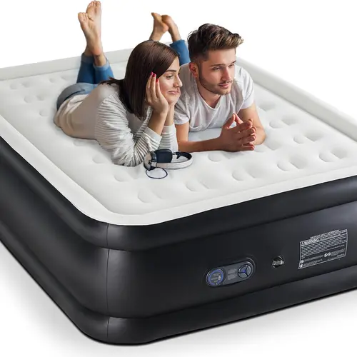 Sweetcrispy 22in-Queen Air Mattress for Couples, Raised PVC Inflatable Bed with Built-in Pump, Honeycomb Grid Support & Flocked Top for Comfortable Sleep, Foldable, Anti-Scratch, Home/Outdoor, Raised Profile
