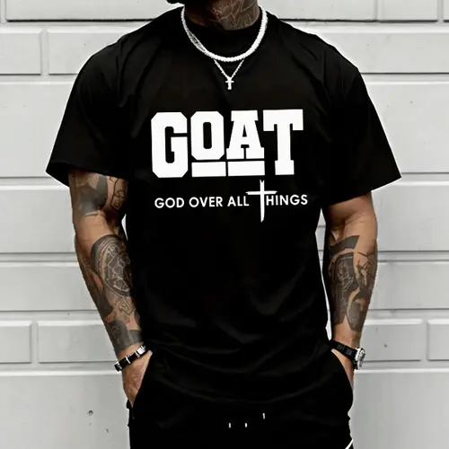 Men's "God Over All" Cotton Graphic T-Shirt - 100% Cotton, Breathable Loose Short-Sleeve Round Neck, Urban Faith Trendy Graphic Shirts, Everyday Outdoor Casual Clothes Products, Christian Apparel, Spring Gift for Him, Streetwear Top, Men's Shirts Graphic