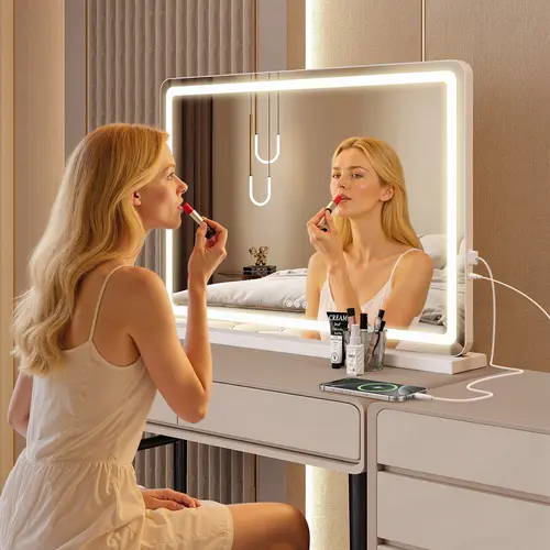 Sweetcrispy Vanity Mirror with Lights, LED Makeup Mirror with Dimmable 3 Color Modes, Touch Screen Control Vanity Based Mirror Desk Mirror Square White