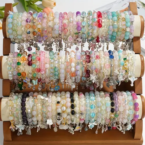Women's 20pc Beaded Bracelets Set - Stacked Boho Glass Bead Stretch Jewelry with Floral, Heart, Butterfly Charms, Cute Accessories, Purse Stuffers for Everyday Gifting,sohochic