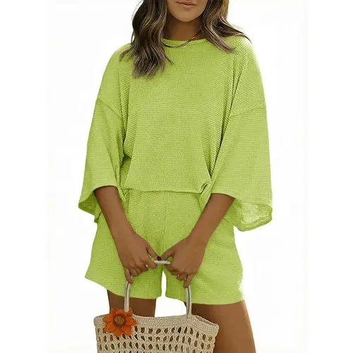 Tankaneo Womens Short Sets 2 Piece Outfits 3/4 Sleeve Tops and Elastic Waist Shorts Lounge Set Casual Loungewear