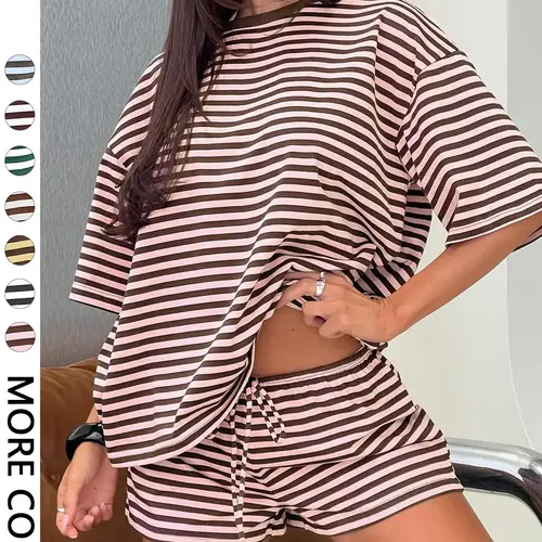 Women's Striped 2 Piece Outfit Women | Oversized T-Shirt + Drawstring Shorts | Soft Casual Lounge Set | Y2K Clean Girl Style for Daily Home Vacation Summer Wear
