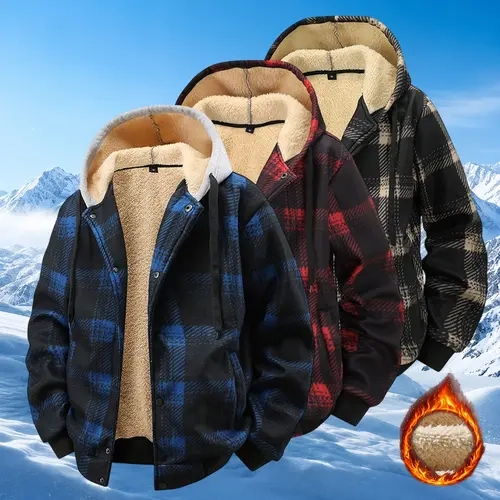 Men's  Loose Version New European and American Hooded Fleece Thickened Plaid Sports Fashion Trendy Casual Outdoor Hooded jacket with fleece lining flannel for warmth  casual sports jacket  comfortable  soft classic fashionable durable modern urban