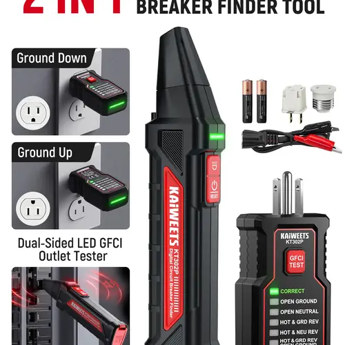 KAIWEETS Circuit Breaker Finder Tool Kit, GFCI Outlet Tester with Dual-Sided LED Indicators, Electrical Circuit Tracer Tool with Flashlight, Includes Carrying Case and Adapters- KT302P