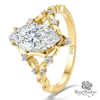 ROSESHADOW 1CT/2CT Marquise Cut VVS Moissanite Vintage Nature-inspired Elegant Wedding Ring 14K Gold Plated 925 Sterling Silver Synthetic Moissanite Anniversary Ring with Certificate & Box