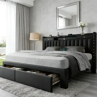 TryLazy  Bed Frame with 4 Storage Drawers No MATTRESS  Wood Slats Holds 900lbs No Noise No Box Spring Needed  White Rivet Design USB Socketbed base,bed with charging, queen size velvet,bed frames,bed frame for queen, queen bed,metal bed frame summerg