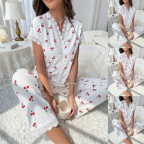 PHEFEE Women's 2-Piece Aesthetic Pajama Set, Short-Sleeve V-Neck Lace Trim Polyester Top, Long Pants Loungewear with Cherry & Butterfly Prints, Cute Soft Pj Sets for Women, Teen Girls,sohochic