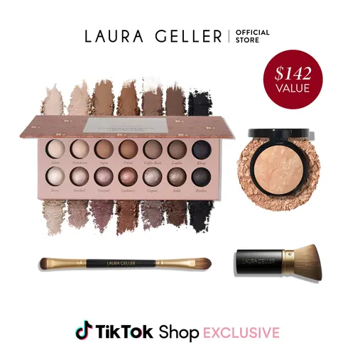 Laura Geller All Seasons of Beauty Kit - Timeless Tones 4PC Foundation Eyeshadow & Brushes Set for Mature Skin Matte & Shimmer Makeup