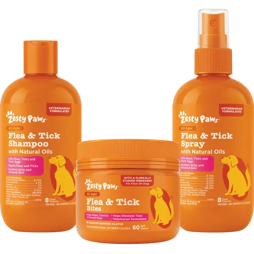Zesty Paws Flea & Tick Kit for Dogs - Shampoo, Spray, and Bites with Natural Oils for Flea and Tick Control