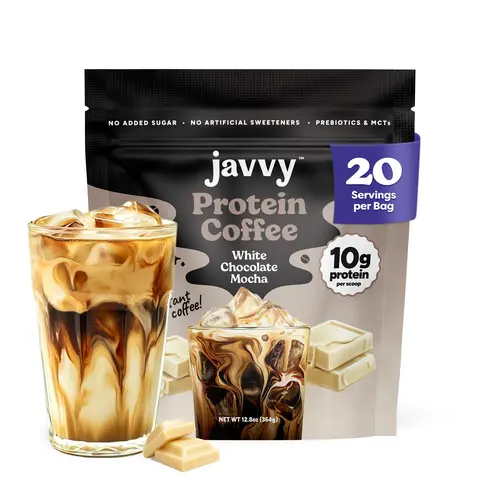 Javvy White Chocolate Mocha High Protein Iced Coffee Beverage - Premium Whey Protein, Premium Arabica Cold Brew, Instant Coffee, 100% Natural, 0 Artificial Flavors/Sweeteners, 80mg Caffeine, No Added Sugar, 20 Servings