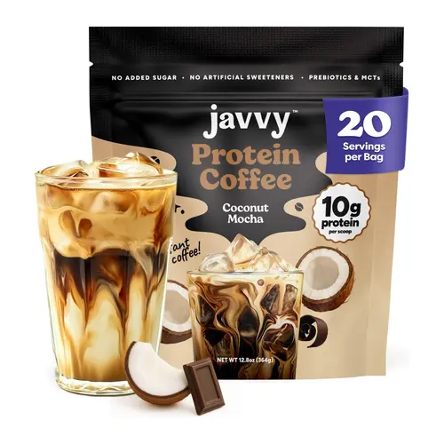 Javvy Coconut Mocha Protein Iced Coffee - Premium Whey Protein & Instant Iced Coffees - 100% Natural Cold Brew - Zero Artificial Flavors & Sweeteners, 80 mg Caffeine, No Added Sugar, 20 Servings