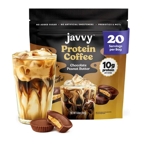 Javvy Chocolate Peanut Butter Protein Iced Coffee Beverage - Premium Whey Protein, Premium Arabica Coffee, Instant Cold Brew - 100% Natural, 0 Artificial Flavors & Sweeteners, 80mg Caffeine, No Added Sugar, 20 Servings