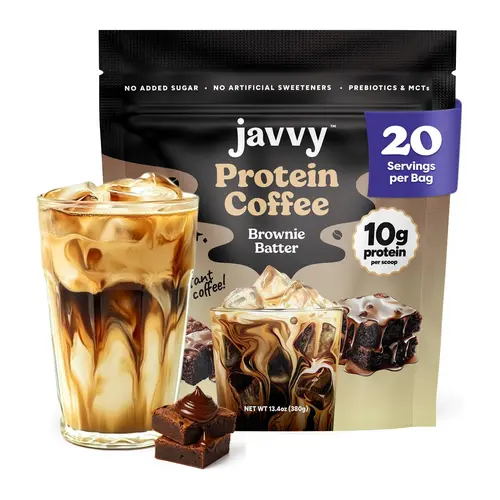 Javvy Brownie Batter Protein Iced Coffee Beverage - Premium Whey Protein Instant Iced Coffee, 100% Natural Cold Brew, 0 Artificial Flavors & Sweeteners, 80 mg Caffeine, No Added Sugar, 20 Servings