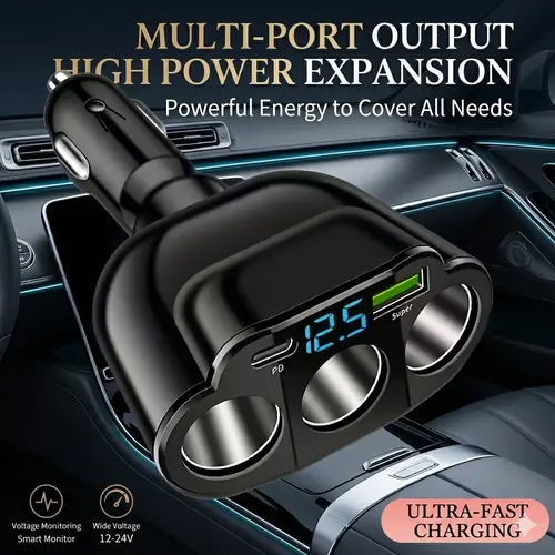 Nuokaiqi 5-in-1 66W Super Fast Car Charging Hub - Multiport Charger with 3 Sockets, Real-Time Voltage Display, Fast Charging Supported Car Plug Adapter for 12V/24V Vehicles, Auto Accessories, High Efficiency Charger toolupgrade