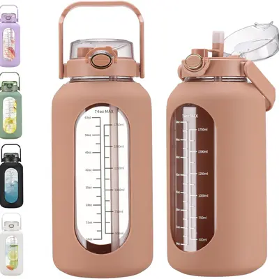 WINSA 74 oz (2.2L) Colored Glass Water Bottle with Straw, Time Marker, Silicone Sleeve, Handle Lid – Athletic Glass Bottles for Gym Drink Use, Colored Glass Water Bottles,sohochic