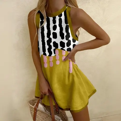 Women's Bold Color Blocking Casual Dress - Sleeveless A-Line, Round Neck, Loose Fit Breathable Poly, Above Knee Mini with Bold Geometric Art, Good Drape for Summer Vacation