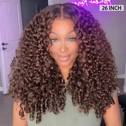 CurlyMe Burmese Curly Mocha Mousse Color 250% Thick Density Pre Cut Swiss Lace Snug Fit Wear Go Glueless Wig Pre-plucked Human Hair
