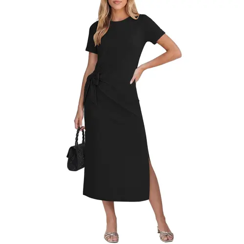 GRAPENT Women's French Minimalist Chic Short-Sleeve Cotton-Blend Crew Neck Midi Dress - Basic, Elastane, Side Split, Self-Tie Waist, Move With Ease Summer Vacation Casual Outfit