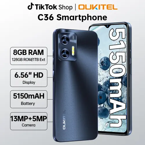 OUKITEL C36 Smartphone - Android Cell Phone, Global Smartphone, 12GB+128GB, 6.56'' HD+ Touch Screen, Octa-Core 4G, 5150mAh Battery, Dual SIM, Face ID, Fingerprint Unlock, Type C, Micro SD Slot,sohochic