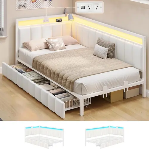 Sikaic Twin Corner Bed Frame with Storage Drawers, Upholstered Daybed with LED Light & Charging Station, Line Fabric Fence, Modern Twin Size Platform Bed, Beige, Home Furniture Christmas Gifts [SohoChic]