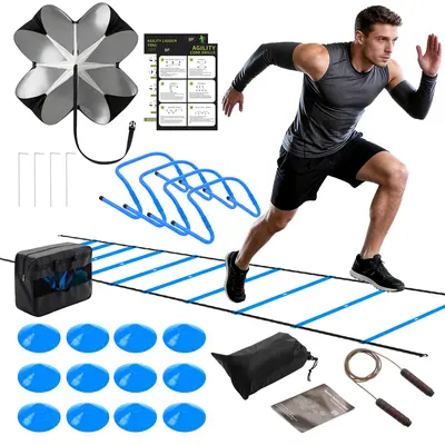Sweetcrispy 【Back To School】Full-Set Agility Soccer Equipment - 20ft Speed Ladder, 12 Soccer Cones, 4 Agility Hurdles, Jump Rope, Parachute Resistance Gear, Carry-Bag Portable for Kids, Built for Intense Workout Sessions