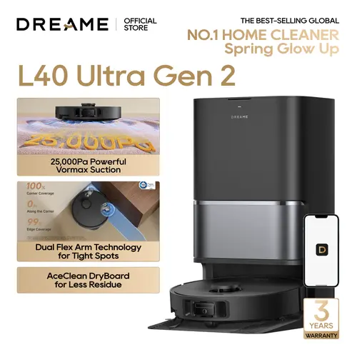 DREAME L40 Ultra Gen 2 Lite Robot Vacuum and Mop with 24,000Pa Suction, Extendable Side Brush and Mop, All-in-One Self-Emptying & Cleaning Dock, Voice & App Control, Black,back to school,back to school haul