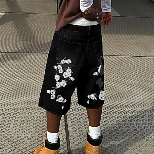Men's Loose Fit Hip-Hop Casual Denim Shorts, Summer Shorts, Embroidered Denim Shorts, Vintage Washed Denim Shorts, Ideal for Outdoor Activities