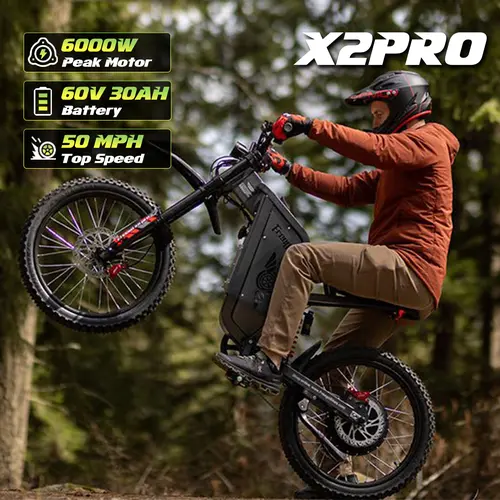 Freego X0/X2/X2PRO/X3PRO/X3 Electric Ebike Peak Power 3600/6000/8000W Full Hydraulic Suspension Top Speed 28-56 MPH Range 20-110 Miles 60V30Ah Li-ion Battery 200N·m Torque Hydraulic Disc Brakes 19Inch Tires High-Strength Steel Frame UL2849 Certified