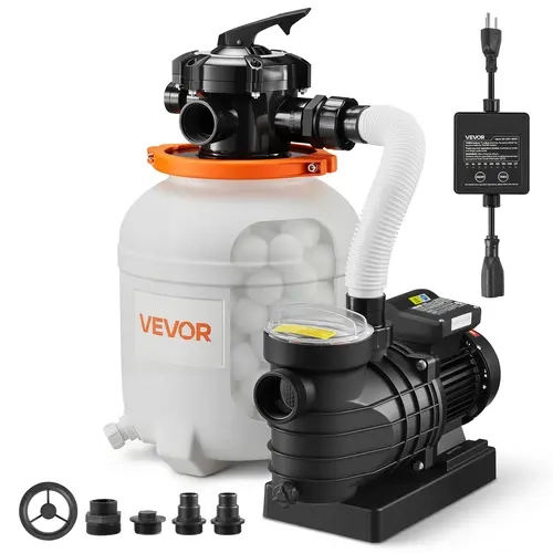 VEVOR FlashPure 12 in 0.5 HP 3000 GPH Above Ground Pool Sand Filter System with Built-in Timer, 6X Faster Filtration, Pre-Installed Media, Leak-Resistant, Ready-to-Use, Hoses Included, Filtration Tank Filters, Pumps & Accessories