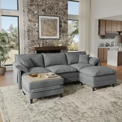 Copiae Corduroy L/U-Shaped Modular Cloud Sofa (108-143.7in), Co Furniture Apartment Furniture with Movable Dual-Function Ottoman-Coffee Table, 3-Layer High-Resilience Foam Comfy Couch, Easy Assembly, Washable Covers (2-3 Packages Shipping),sohochic