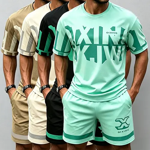 New set of summer trendy printed two-piece set, loose and versatile sports and leisure men's set