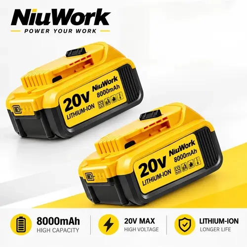 NiuWork 20V MAX 8.0Ah Lithium‑Ion Replacement Battery, 8000mAh High Capacity, Longer Runtime, Compatible with DCB206 DCB204 & All 20V MAX Cordless Power Tools