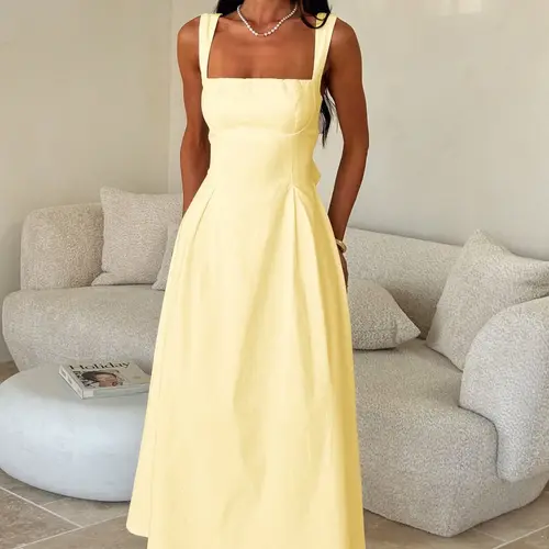 Elegant Vintage Square Neck Back Tie Adjustable Strap Dress, Sleeveless Fitted Strappy Midi Dress, Plain Style for Day-to-Evening Casual Women's Wear, Grad Dress