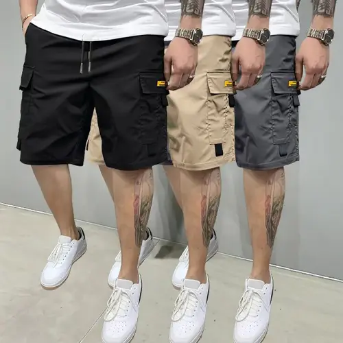 Men's Street-Style 3-Piece Set - Menswear Loose Multi-Pocket Utility Cargo Cropped Shorts, Above-The-Knee Length, Comfortable Clothes for Casual-Wear, Non-Stretch Bottoms