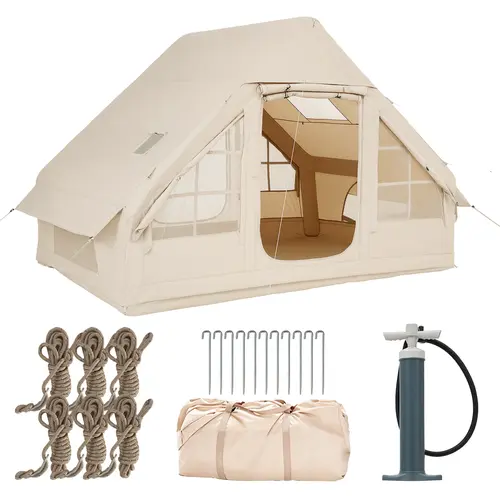 Aoxun Inflatable Glamping Air Tent, 10x10ft 420D Oxford Waterproof Camping Tent with Stove Jack, PVC Stargazing Skylight, Mesh Windows & Privacy Curtain, Easy Setup Family Tent with Air Pump for Outdoor Camping
