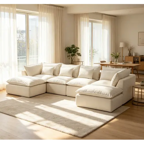 Niccae Chenille Fluffy Upholstered Sectional Sofa - 130.7-in 4-Seat Living Room Furniture, 4 Memory Foam Cloud-Cushioned Pieces with Movable Footrests, Fixed Arms, Durable High-Resilience Foam, DIY Configurable Chic Set, Sub-2 Package, Assembly Required,s