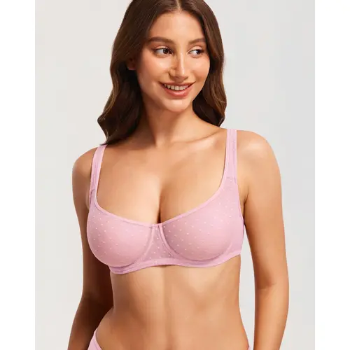 Women's Square Neck Sheer Mesh Balconette Bra See Through Underwire Unlined