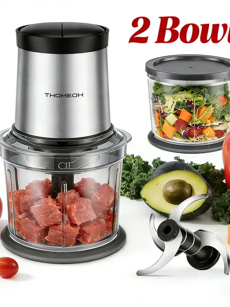 TWOMEOW 4-Cup Electric Food Processor, Multipurpose Kitchen Helper with 2 Bowls, 2 Speeds & 4 Blades - Vegetable Chopper Tool, Meat Grinder, Nut Chopper for Batch Prep & Puree