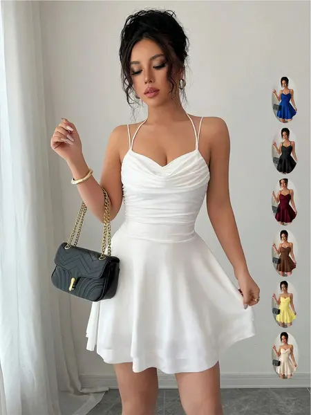 Pure Color Halter Dress, French Sexy Waist Slimming Pleated Ruched Graduation Party Gown, Elegant Ruched Design, Perfect for Vacation, Dates, Parties