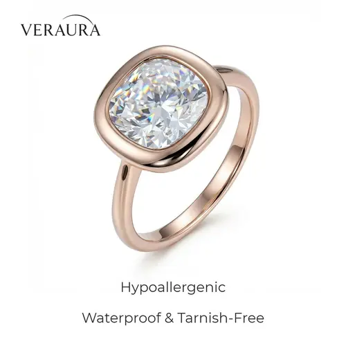 Women's 4ct Naked Gold Cushion Cut Snag-Free Bezel Ring - Waterproof, Hypoallergenic, Minimalist Artificial Gemstone Jewelry for Female Adults' Daily Wear, Gold Non Tarnish Rings, Non Tarnish Jewelry